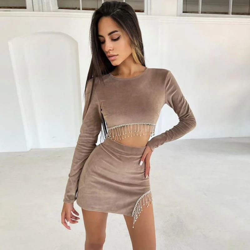 Sparkly Rhinestone Fringe Cut Out Velvet Crop Skirt Matching Set - Khaki - Image 2