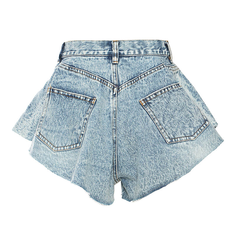 Sparkly Rhinestone Fringe High Waist Ruffle Wide Leg Denim Shorts - Image 2