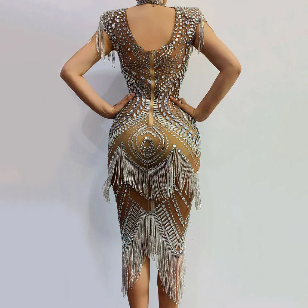 Sparkly Rhinestone Fringe Trim Shoulder Pad High Neck Mesh Midi Party Dress - Image 4