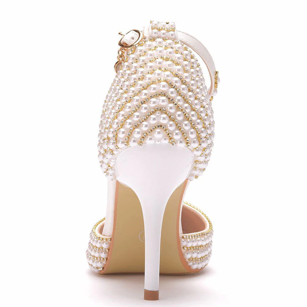 Sparkly Rhinestone Pearlized Ankle Strap Stiletto Pumps - Gold - Image 2