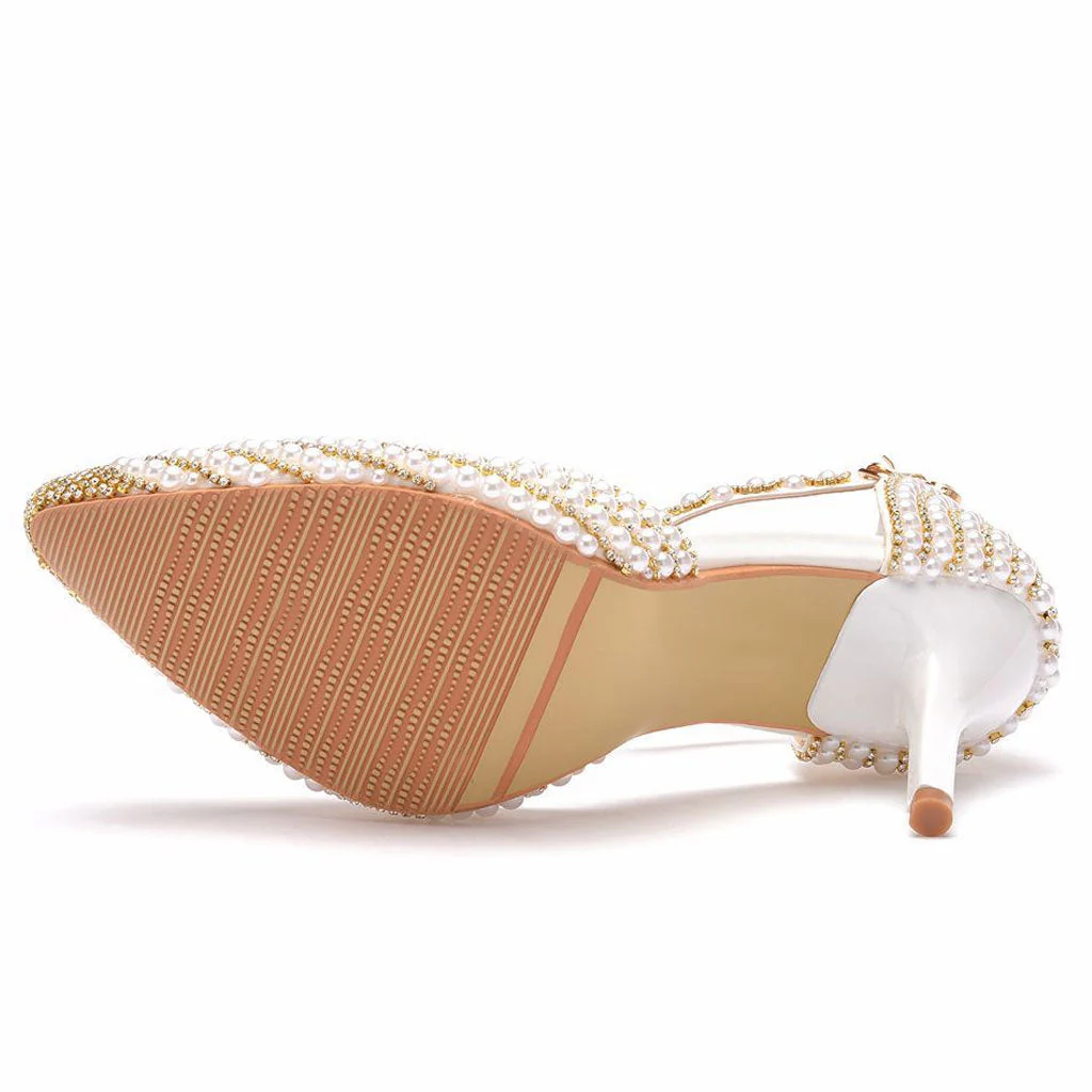 Sparkly Rhinestone Pearlized Ankle Strap Stiletto Pumps - Gold - Image 3