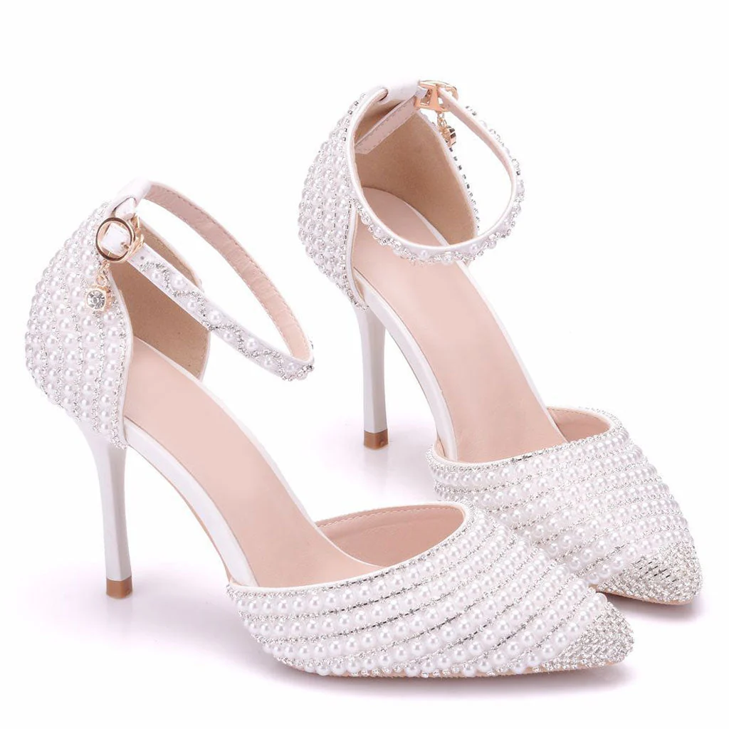 Sparkly Rhinestone Pearlized Ankle Strap Stiletto Pumps - Silver - Image 2