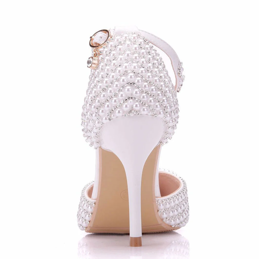 Sparkly Rhinestone Pearlized Ankle Strap Stiletto Pumps - Silver - Image 3
