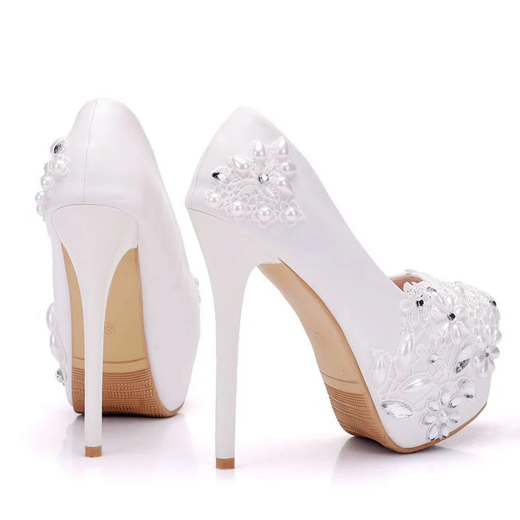 Sparkly Rhinestone Petal Embellished High Heel Platform Pumps - White - Image 3