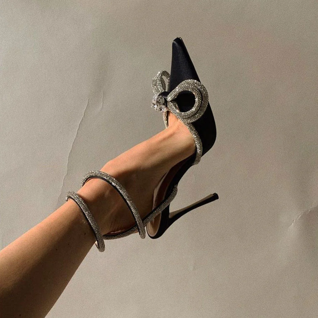 Sparkly Rhinestone Pointed Toe Ankle Strap Satin Butterfly Heels - Black - Image 2