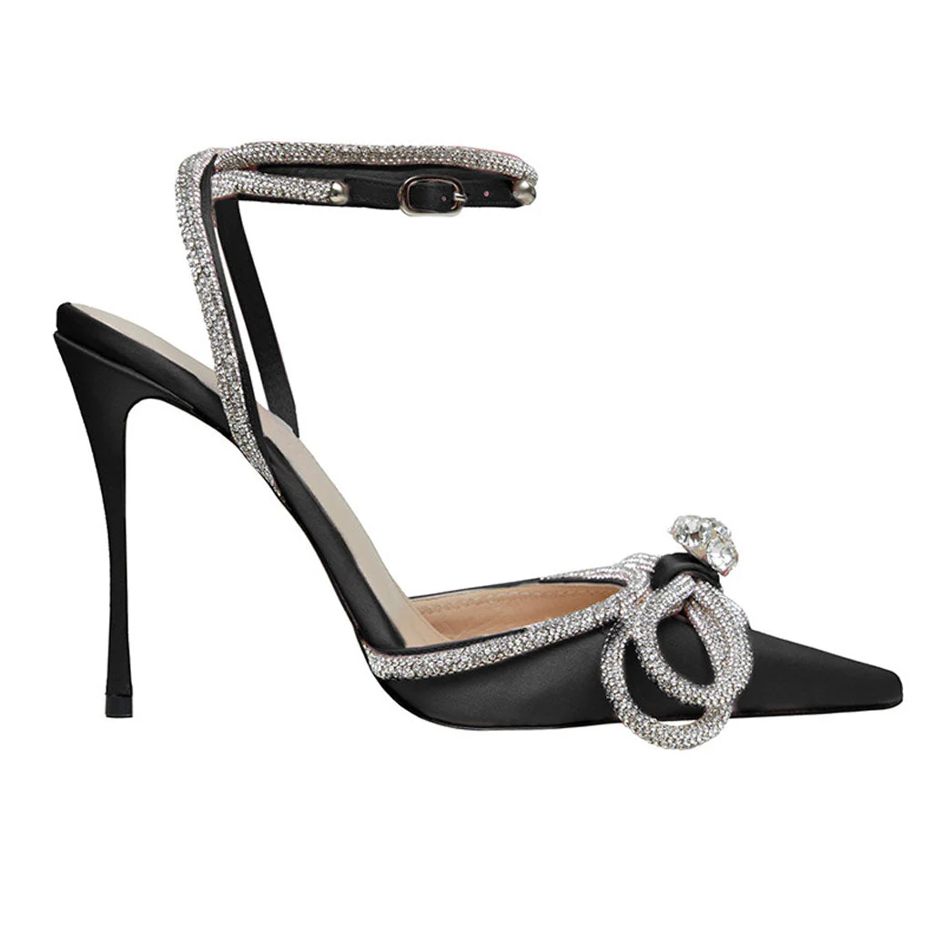 Sparkly Rhinestone Pointed Toe Ankle Strap Satin Butterfly Heels - Black - Image 4