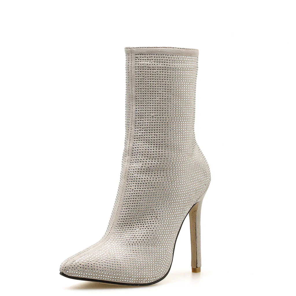 Sparkly Rhinestone Pointed Toe High Heeled Suede Ankle Boots - Beige - Image 4