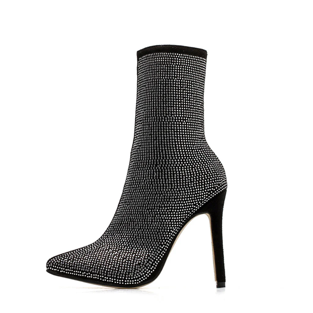 Sparkly Rhinestone Pointed Toe High Heeled Suede Ankle Boots - Black - Image 4