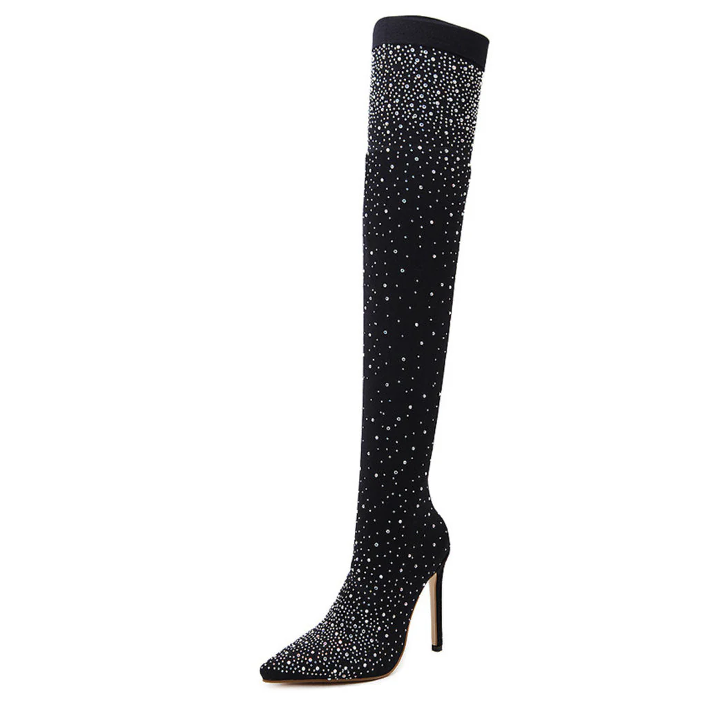 Sparkly Rhinestone Pointed Toe Stiletto Heel Thigh High Boots - Black - Image 3