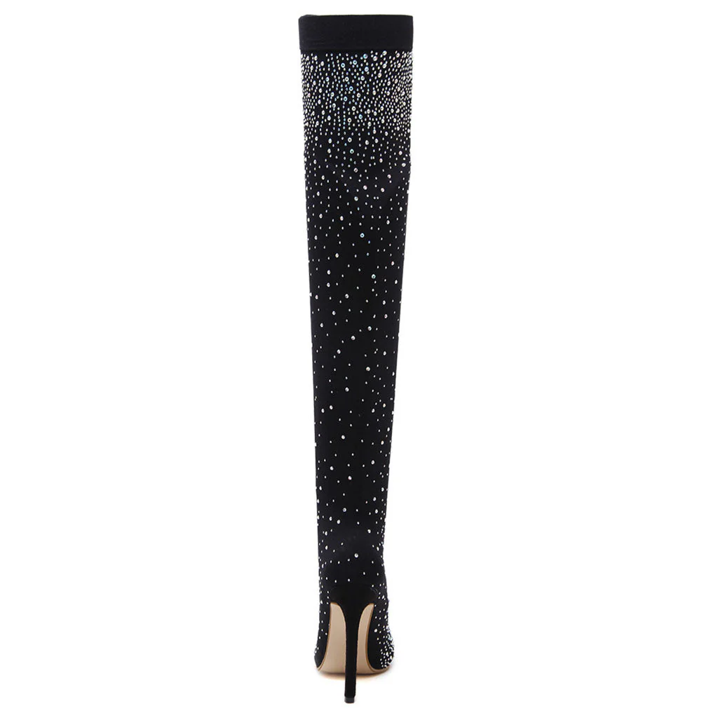 Sparkly Rhinestone Pointed Toe Stiletto Heel Thigh High Boots - Black - Image 4