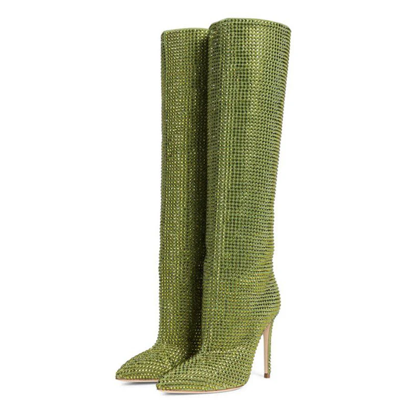 Sparkly Rhinestone Pointed Toe Stiletto Heel Thigh High Boots - Green - Image 2
