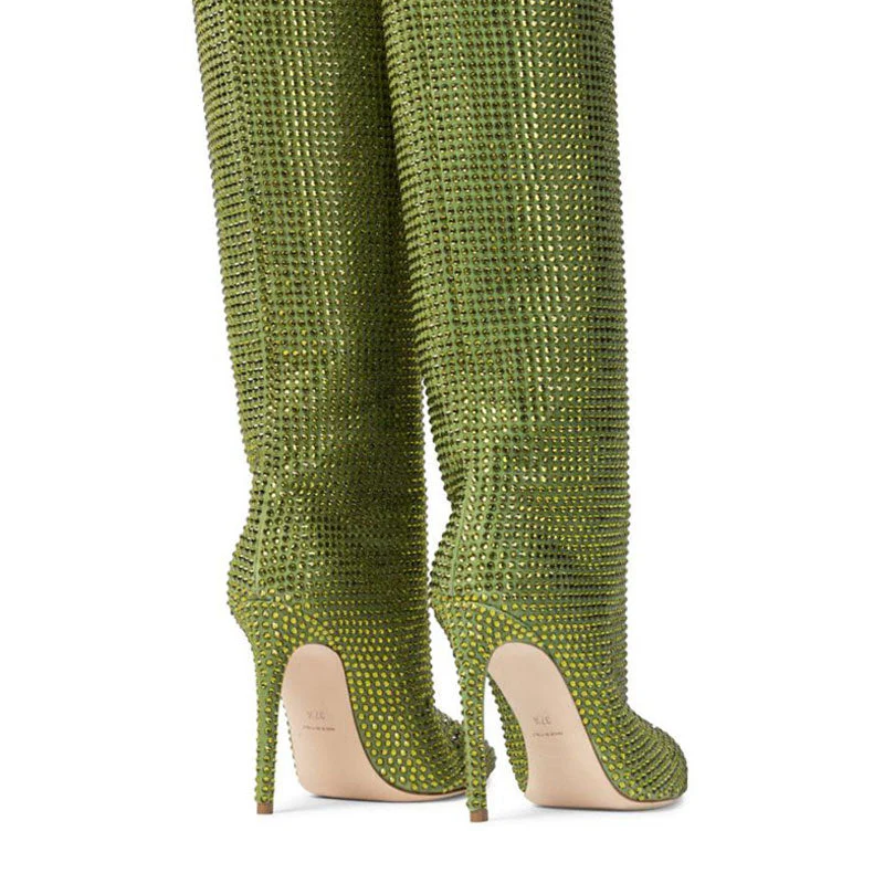 Sparkly Rhinestone Pointed Toe Stiletto Heel Thigh High Boots - Green - Image 3
