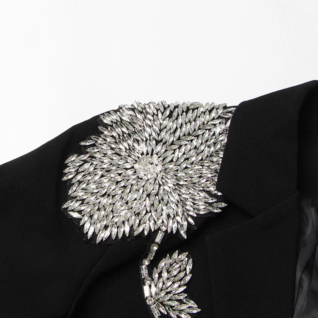 Sparkly Rhinestone Rose Detail Lapel Collar Single Breasted Blazer - Image 3