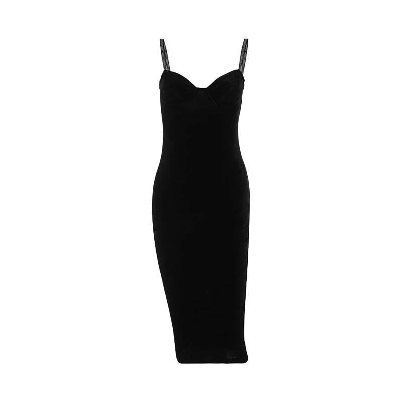 Sparkly Rhinestone Sweetheart Neck Cocktail Midi Dress - Black - Image 3