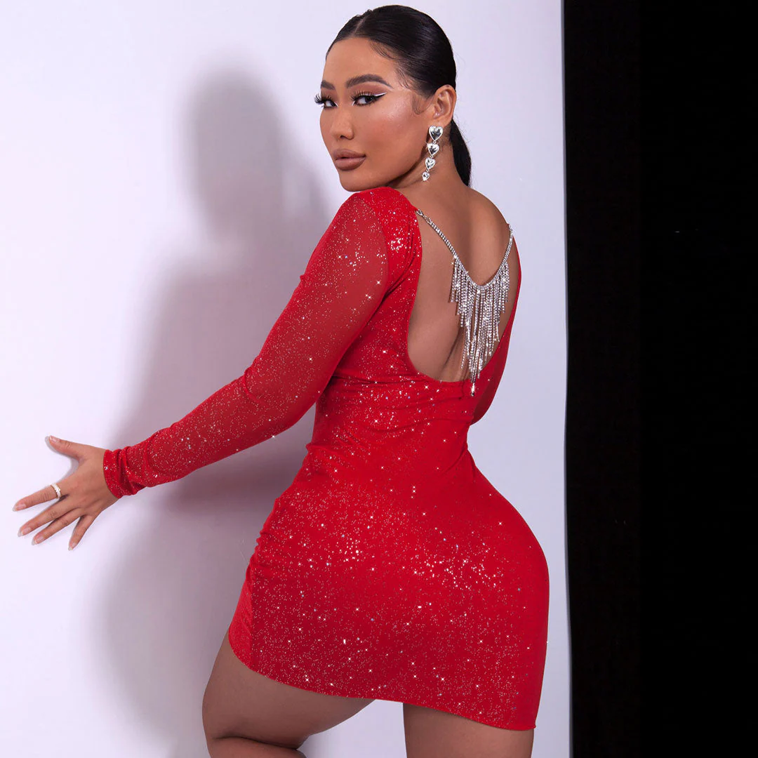 Sparkly Rhinestone Tassel Boat Neck Open Back Party Mini Dress - Red - Image 3