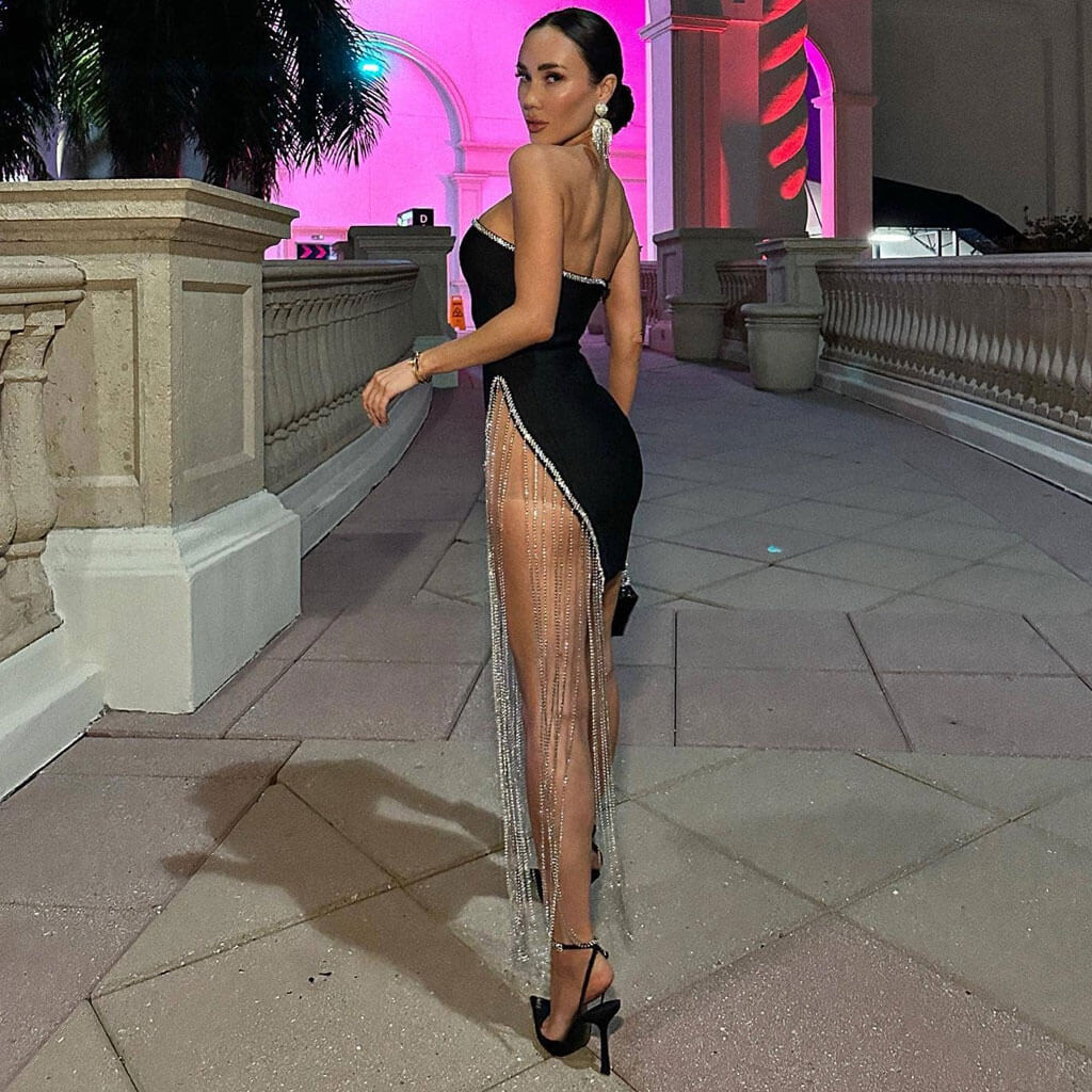Sparkly Rhinestone Trimmed Tassel High Slit Strapless Bandage Mini Party Dress - Image 6
