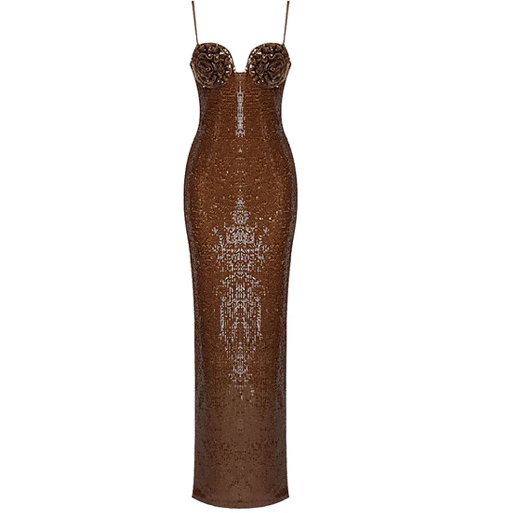 Sparkly Rose Petal Deep V Sequin Evening Maxi Dress - Image 5