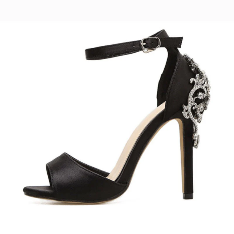 Sparkly Satin Open Toe Gem Embellished Stiletto Sandals - Black - Image 5