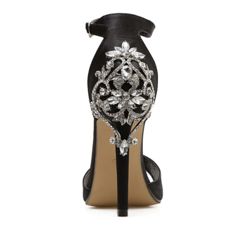 Sparkly Satin Open Toe Gem Embellished Stiletto Sandals - Black - Image 6