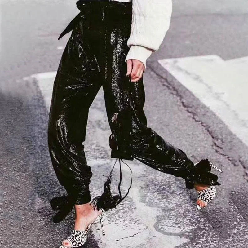 Sparkly Sequin Belted High Waist Ankle Tie Pants - Black - Image 2