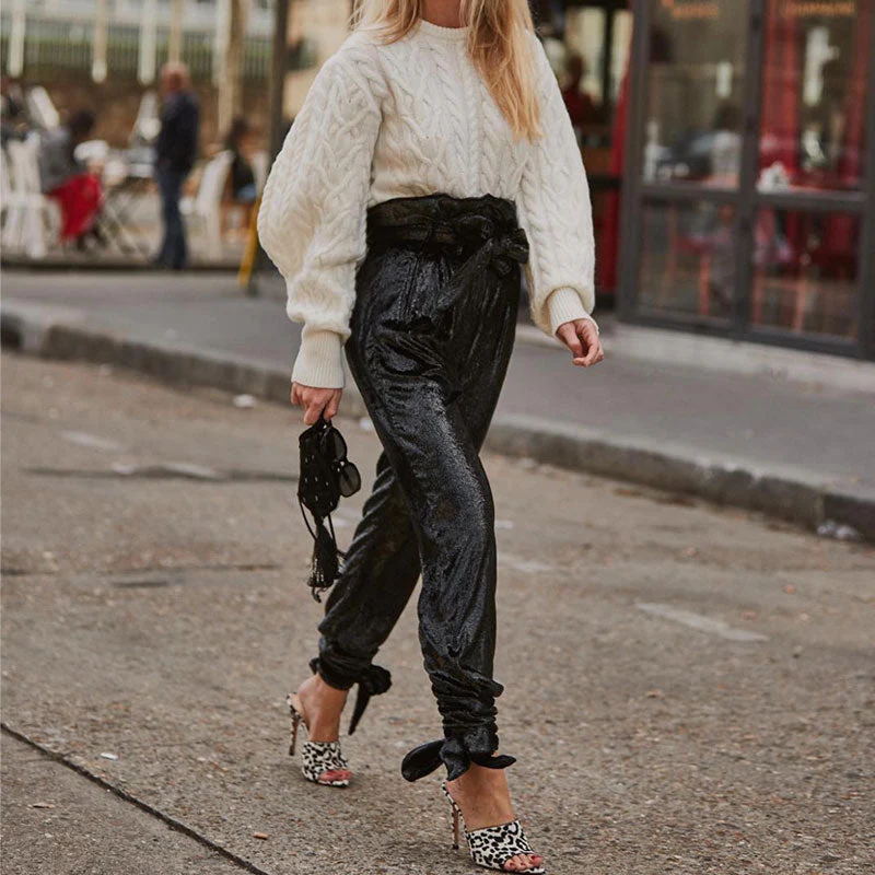 Sparkly Sequin Belted High Waist Ankle Tie Pants - Black - Image 3