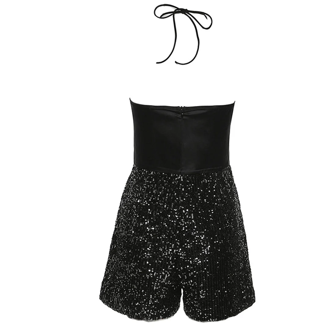 Sparkly Sequin Bow Embellished Halter Neck Party Romper - Black - Image 4