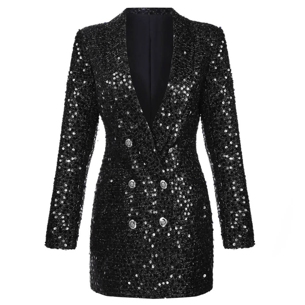 Sparkly Sequin Embellished Double Breast Blazer Jacket - Black - Image 3