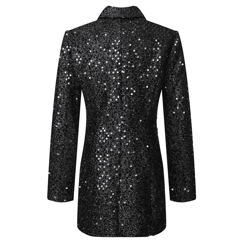 Sparkly Sequin Embellished Double Breast Blazer Jacket - Black - Image 4
