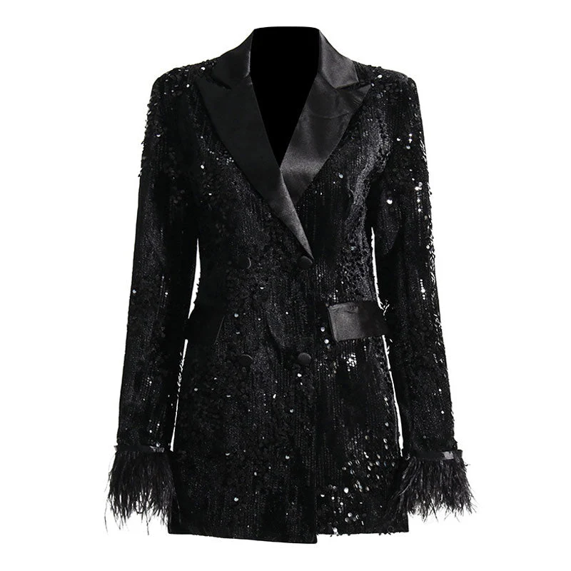 Sparkly Sequin Embellished Feather Cuff Double Breasted Long Tailored Blazer - Black - Image 2
