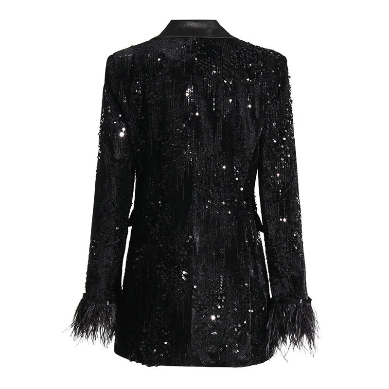 Sparkly Sequin Embellished Feather Cuff Double Breasted Long Tailored Blazer - Black - Image 3