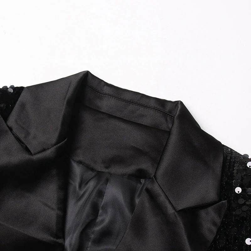 Sparkly Sequin Embellished Feather Cuff Double Breasted Long Tailored Blazer - Black - Image 4