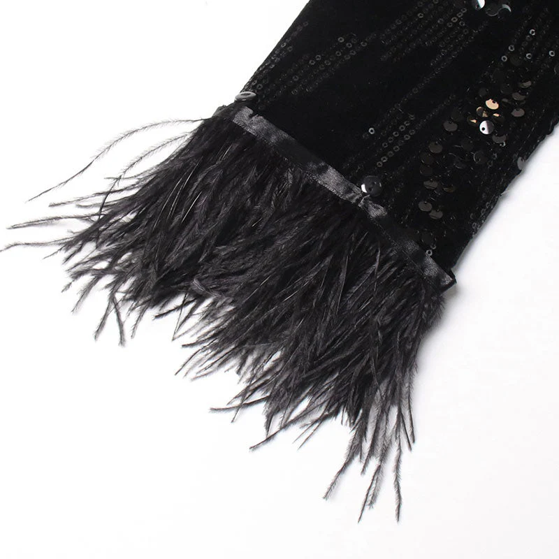 Sparkly Sequin Embellished Feather Cuff Double Breasted Long Tailored Blazer - Black - Image 5