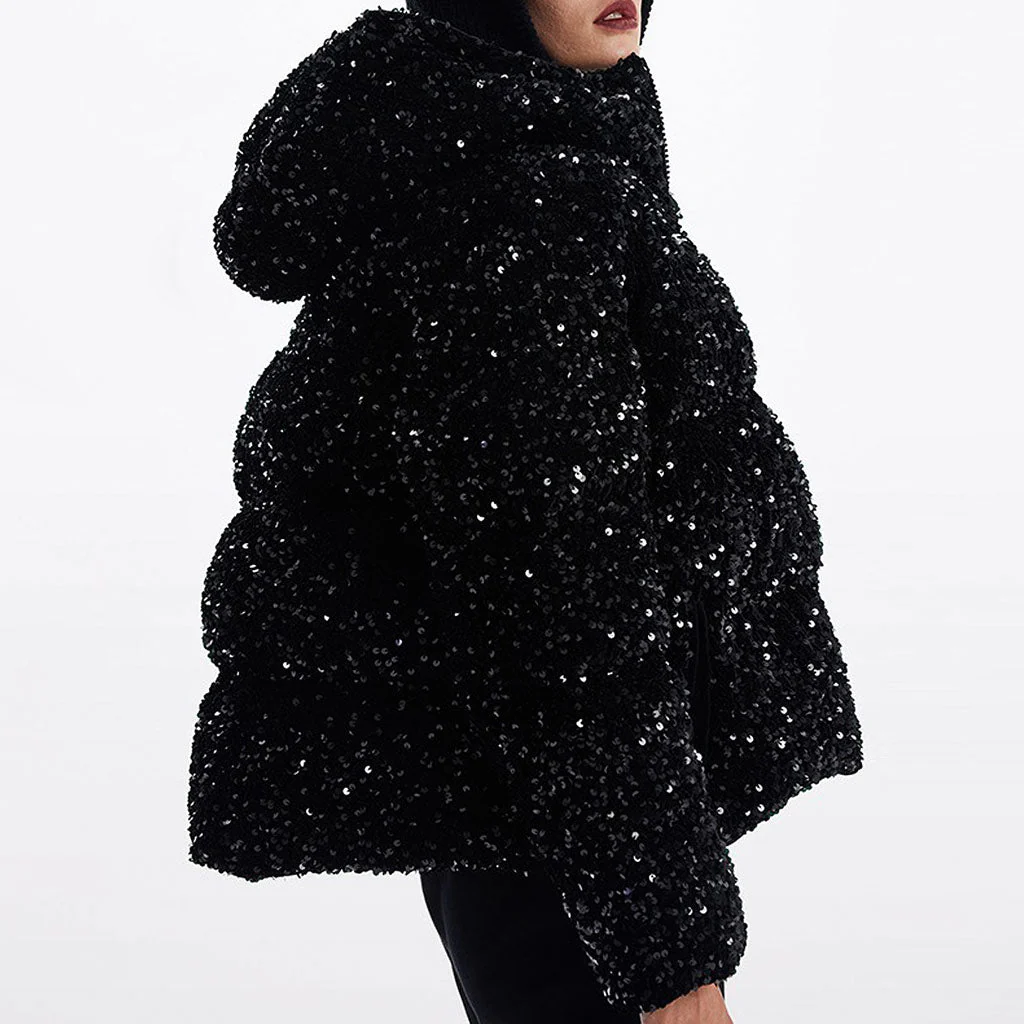 Sparkly Sequin Embellished Hooded Zip Up Oversized Velvet Down Puffer Jacket - Image 2