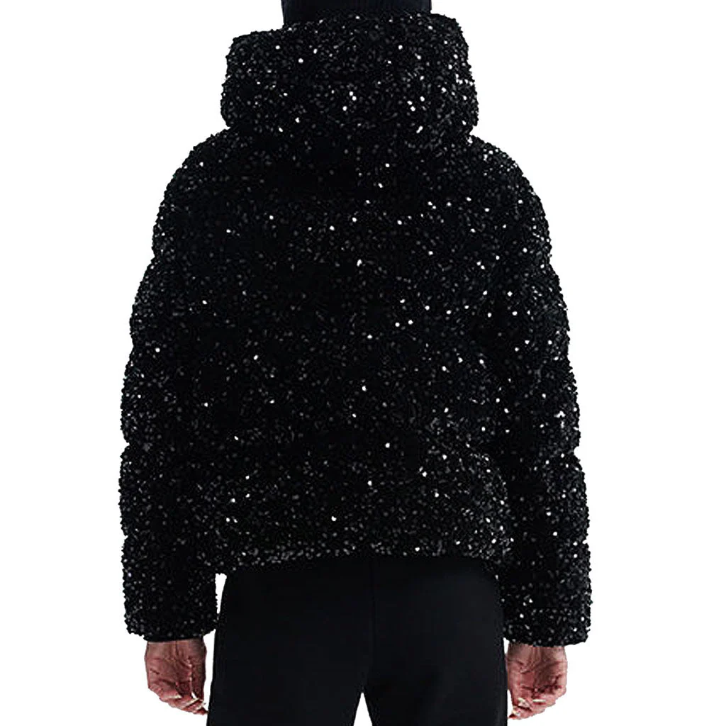 Sparkly Sequin Embellished Hooded Zip Up Oversized Velvet Down Puffer Jacket - Image 3