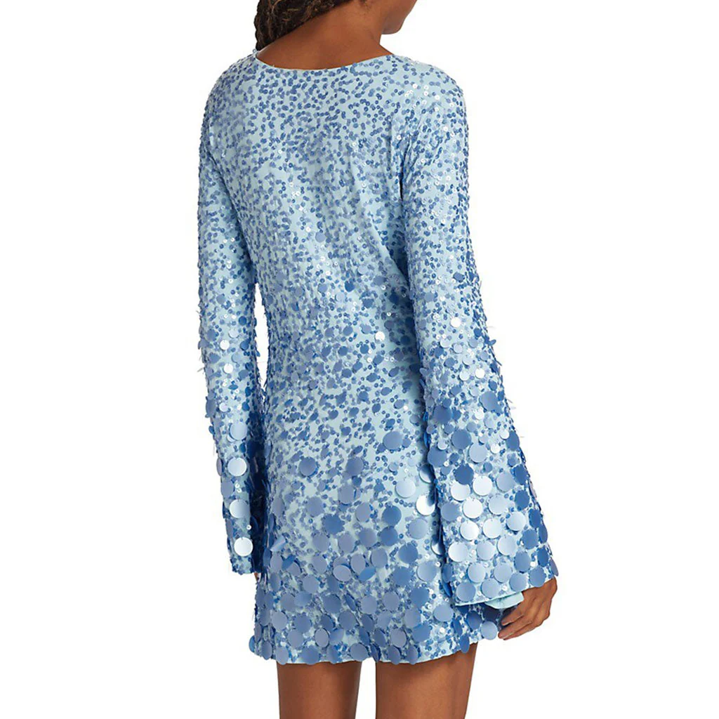 Sparkly Sequin Embellished Round Neck Flare Long Sleeve Mini Party Dress - Image 3