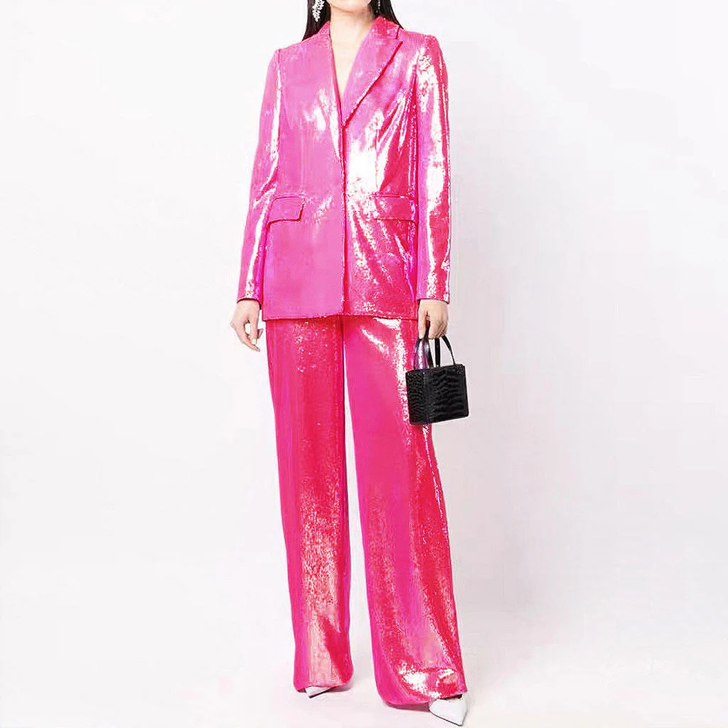 Sparkly Sequin Embellished Wide Leg Peak Lapel Single Breasted Blazer Matching Set - Image 2