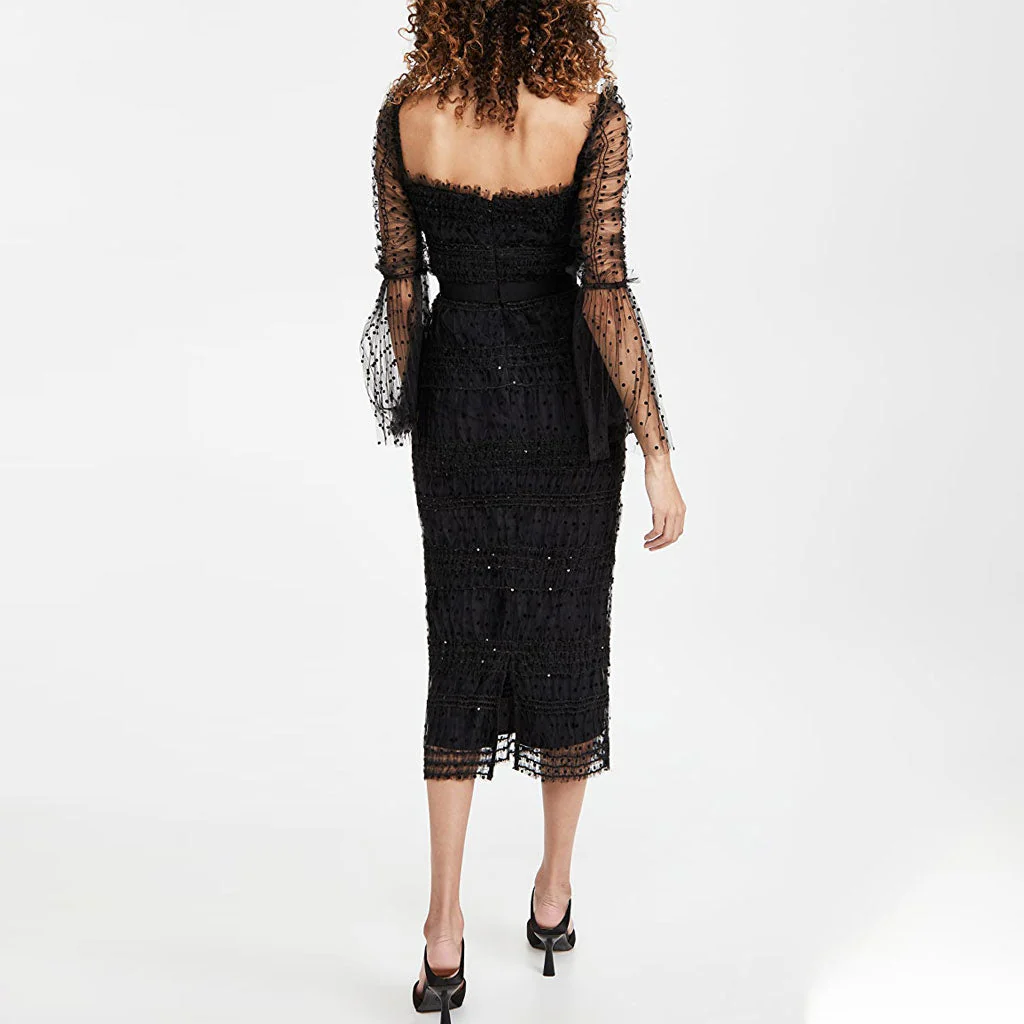 Sparkly Sequin Flocked Dotted Tulle Cocktail Midi Dress - Black - Image 2