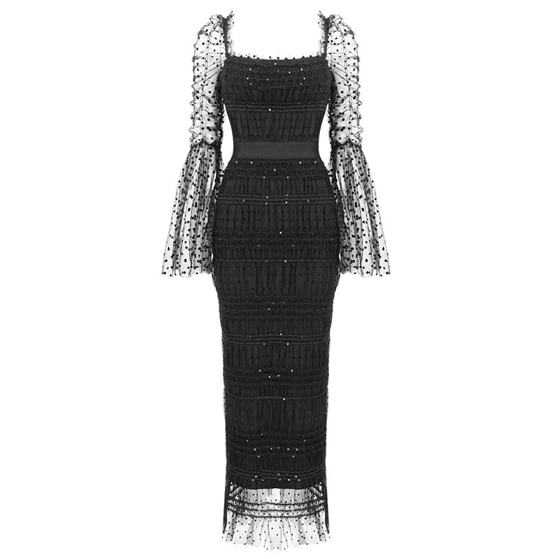 Sparkly Sequin Flocked Dotted Tulle Cocktail Midi Dress - Black - Image 3
