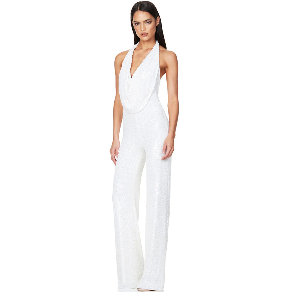 Sparkly Sequin Halter Cowl Neck Wide Leg Backless Jumpsuit - White - Image 2