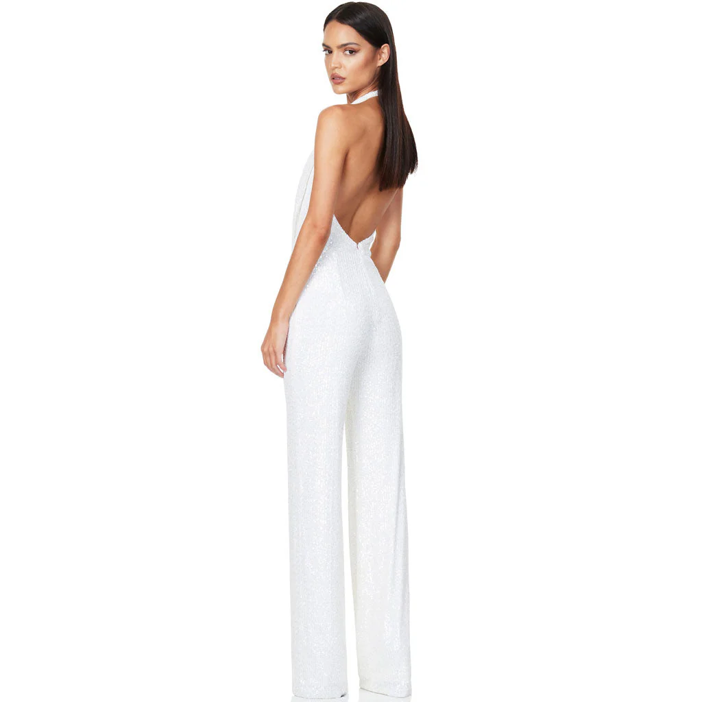 Sparkly Sequin Halter Cowl Neck Wide Leg Backless Jumpsuit - White - Image 3
