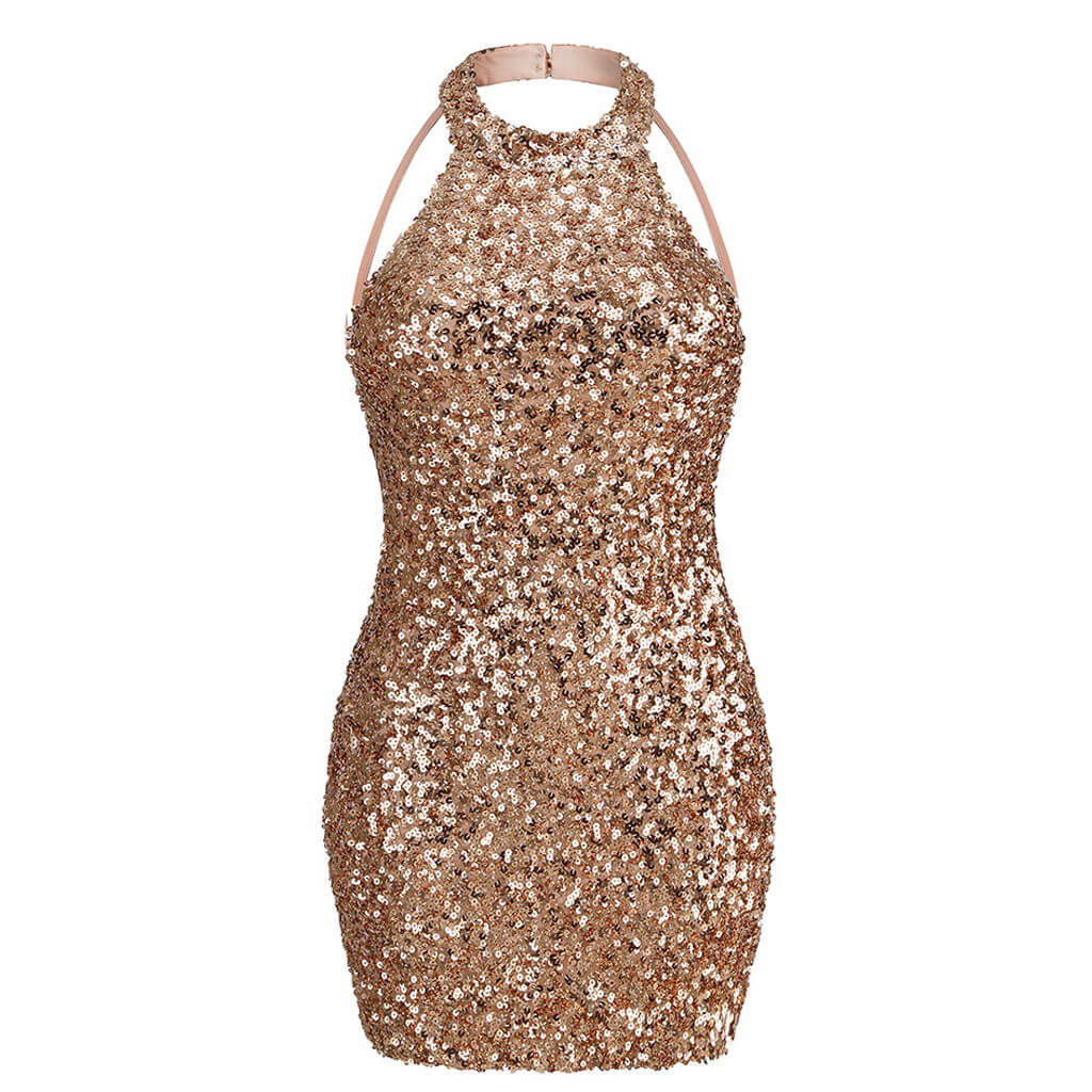 Sparkly Sequin Halter Neck Backless Bodycon Mini Dress - Champagne - Image 5