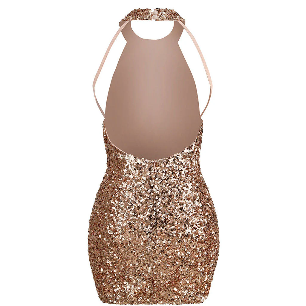 Sparkly Sequin Halter Neck Backless Bodycon Mini Dress - Champagne - Image 6
