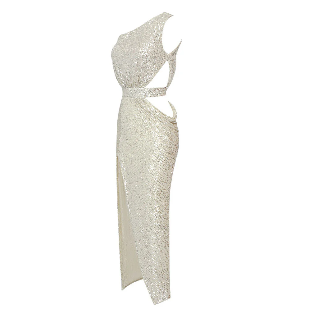 Sparkly Sequin One Shoulder CutOut Draped High Slit Maxi Evening Dress - Image 2