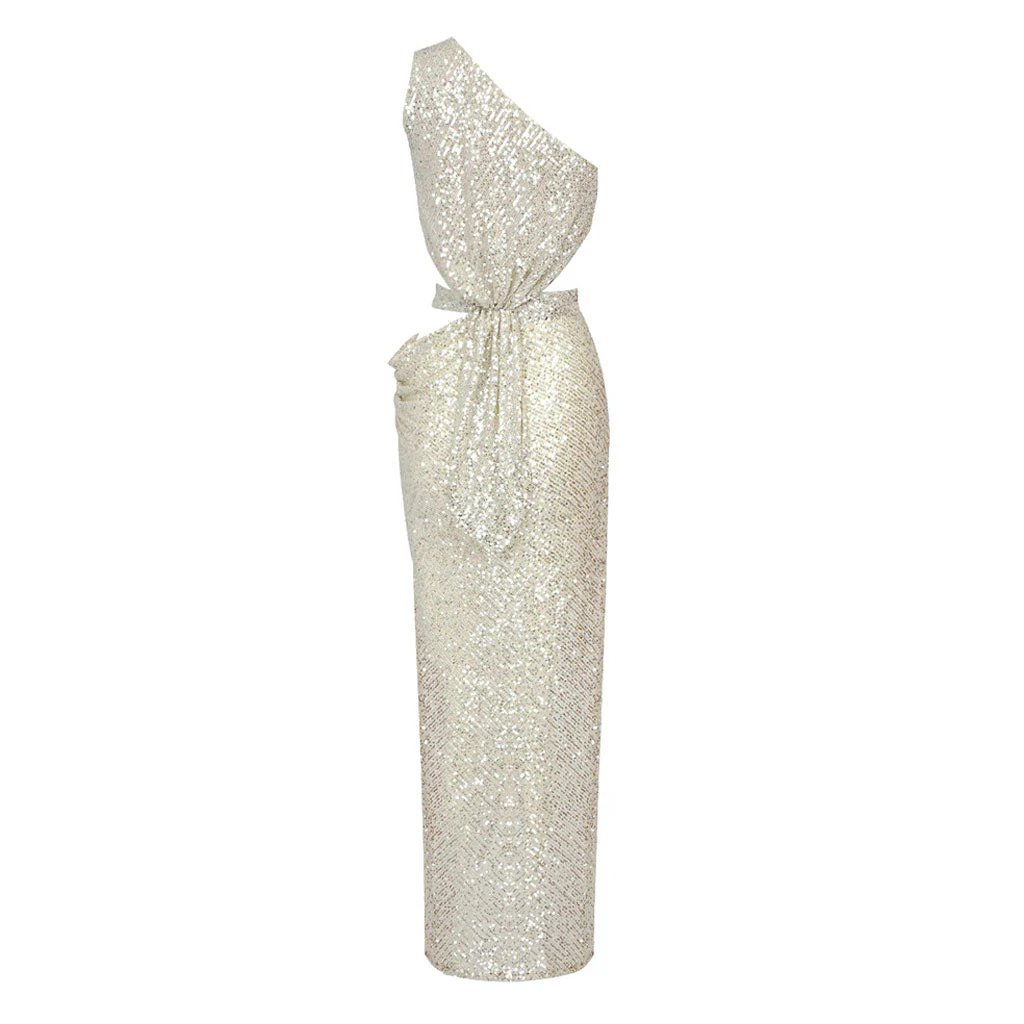 Sparkly Sequin One Shoulder CutOut Draped High Slit Maxi Evening Dress - Image 3