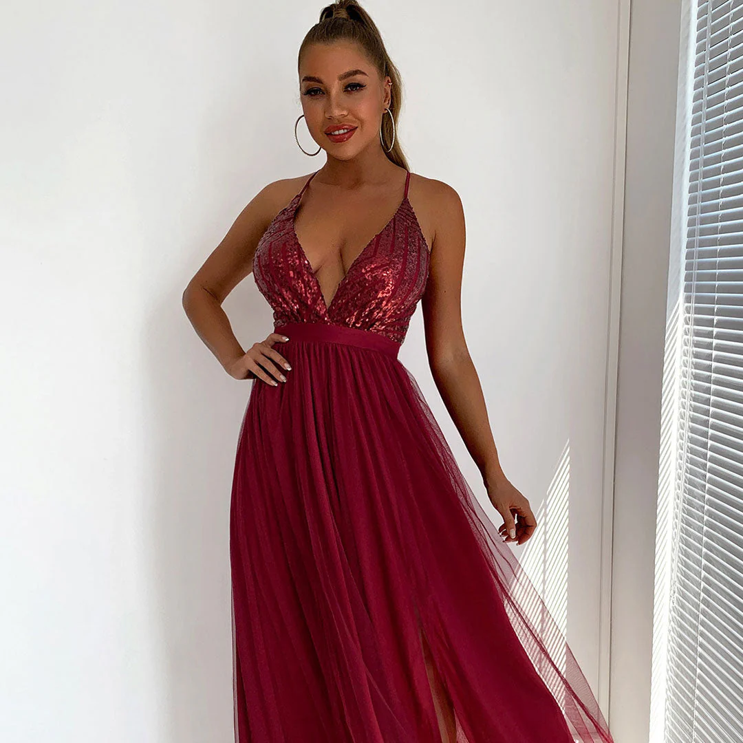 Sparkly Sequin Panel Mesh Deep V Backless Evening Maxi Dress - Burgundy - Image 2