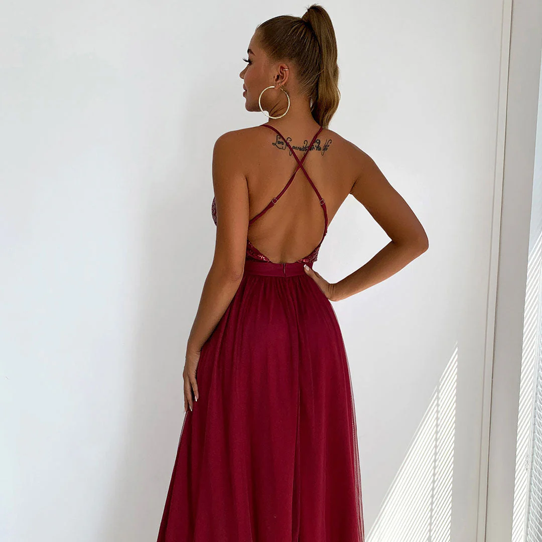 Sparkly Sequin Panel Mesh Deep V Backless Evening Maxi Dress - Burgundy - Image 3