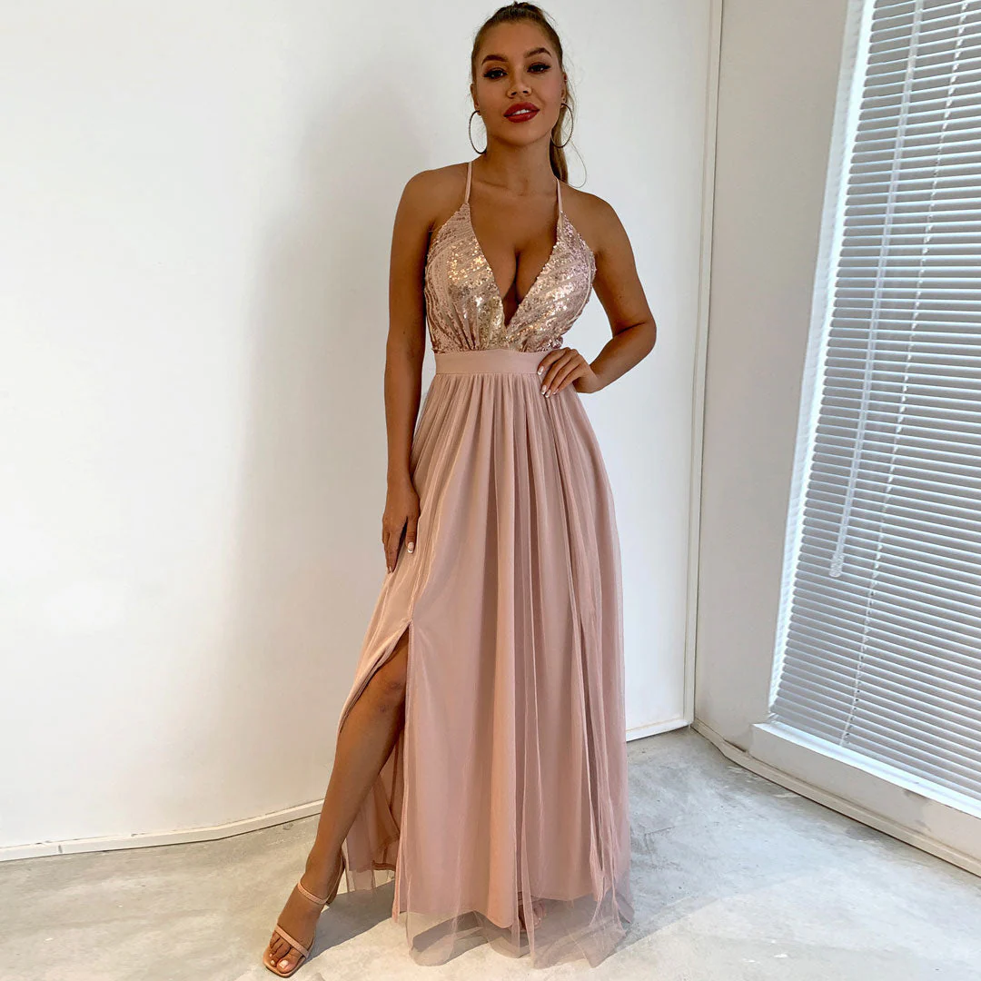 Sparkly Sequin Panel Mesh Deep V Backless Evening Maxi Dress - Champagne - Image 2