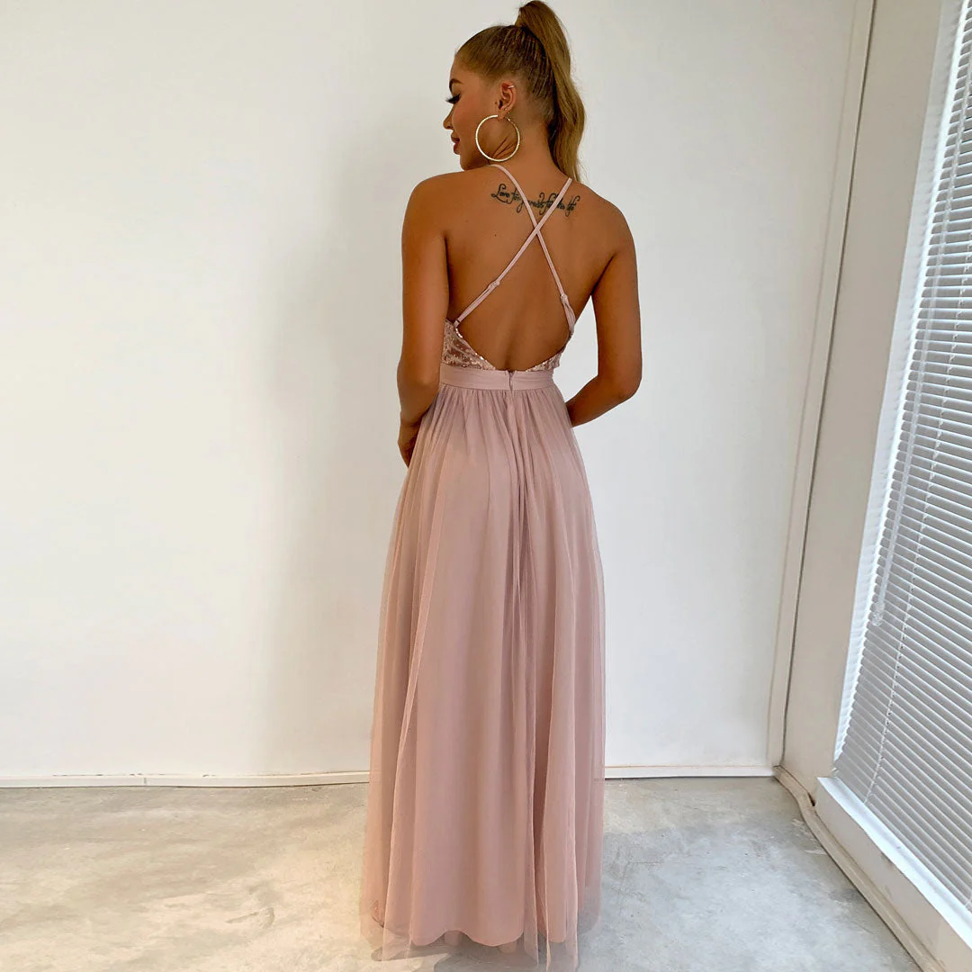 Sparkly Sequin Panel Mesh Deep V Backless Evening Maxi Dress - Champagne - Image 3