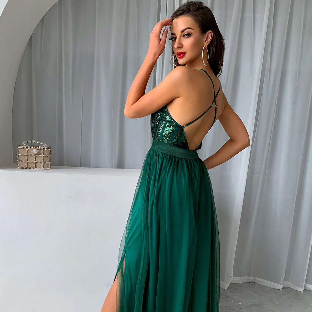 Sparkly Sequin Panel Mesh Deep V Backless Evening Maxi Dress - Emerald Green - Image 3