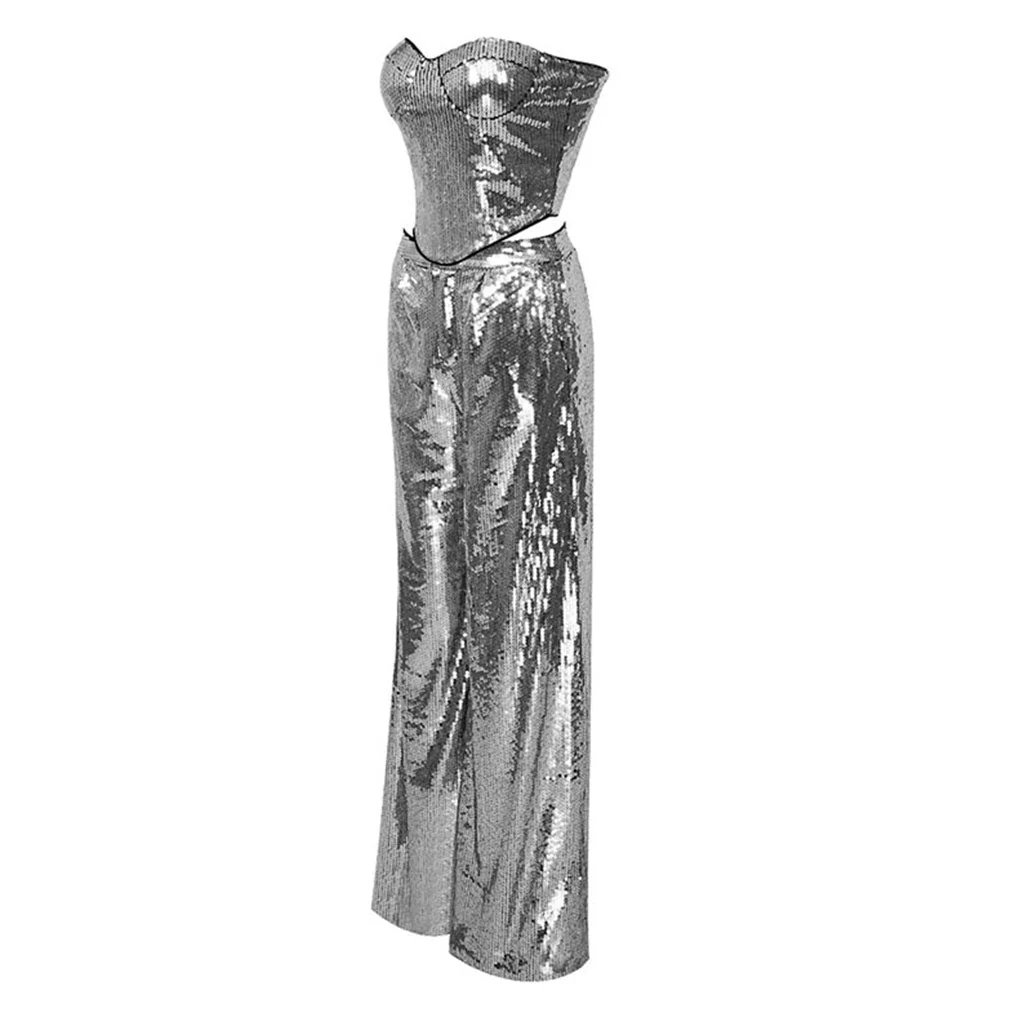 Sparkly Sequin Party Sweetheart Crop Tube Top Wide Leg Pant Matching Set - Image 2